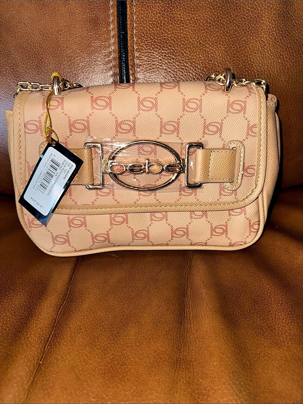 bebe Leilani Printed Monogram Shoulder Bag Almond & Tan NWT